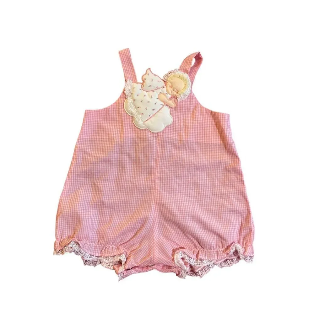 Vintage baby girl, pink and white checkered romper with padded angel size 3/6 mo